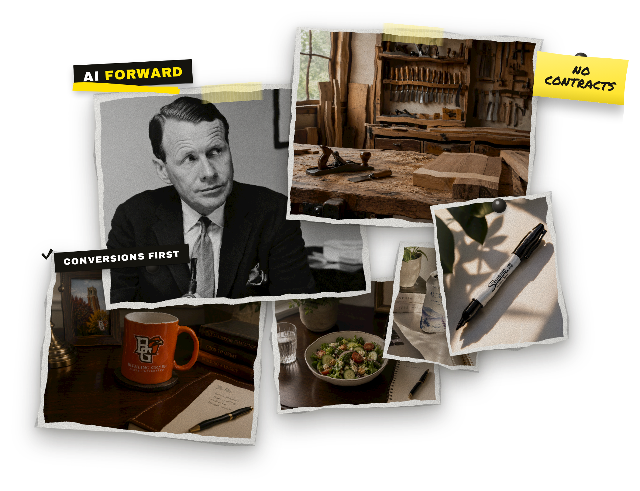 Scrapbook collage from Web Works Marketing: a vintage advertising portrait, a woodworking shop, a Bowling Green mug, a salad, and a marker, tagged AI Forward, Conversions First, and No Contracts.