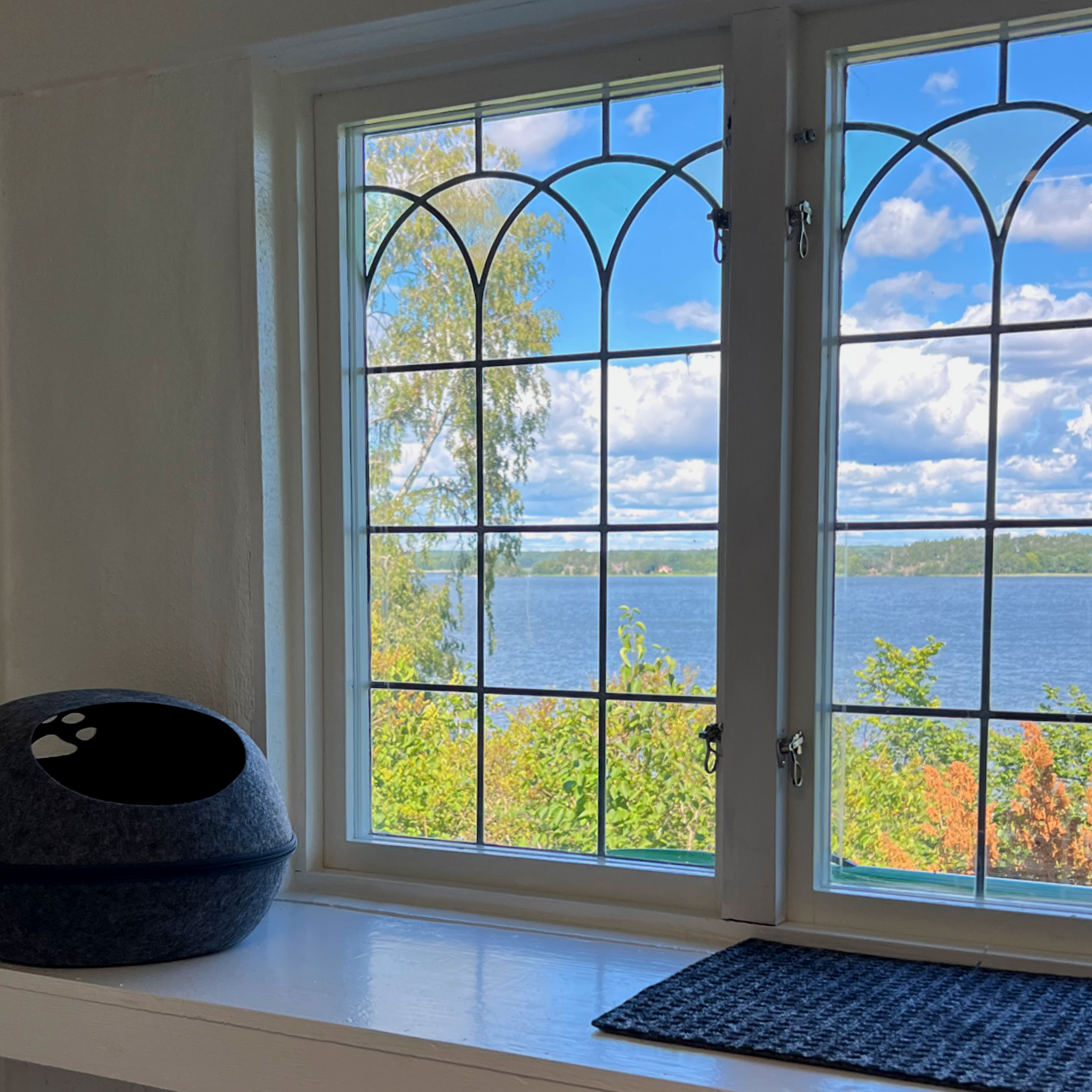 Fönster med utsikt över blå himmel, moln och gröna träd