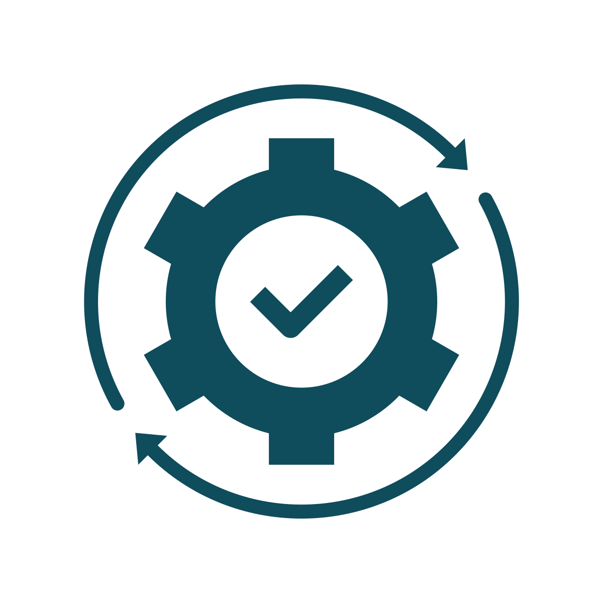 Gear with a checkmark, encircled by a cycle arrow