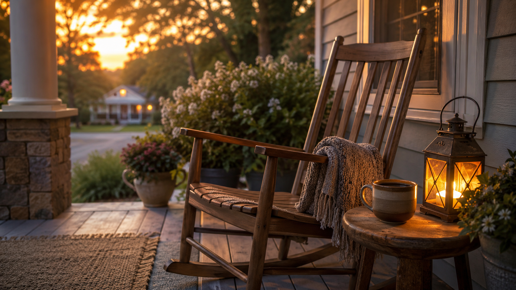 A cozy porch at sunset with a wooden rocking chair, a blanket, a lantern, a mug, and potted plants.