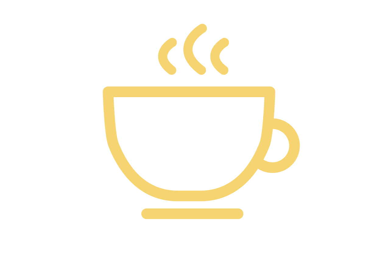 Outline of a coffee cup with steam rising from it, in a minimalistic style, which represents our crafted with care motto.