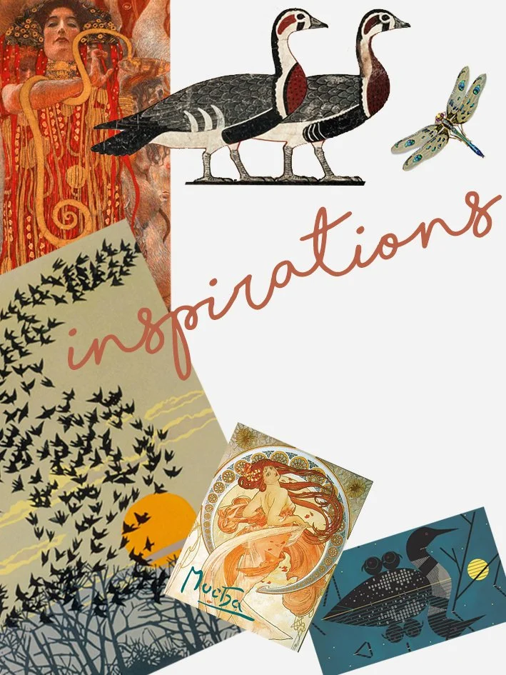 A collage with the word 'inspirations' written across it, featuring images of two geese, a dragonfly, a woman with flowing hair, a flock of birds, and artistic illustrations.