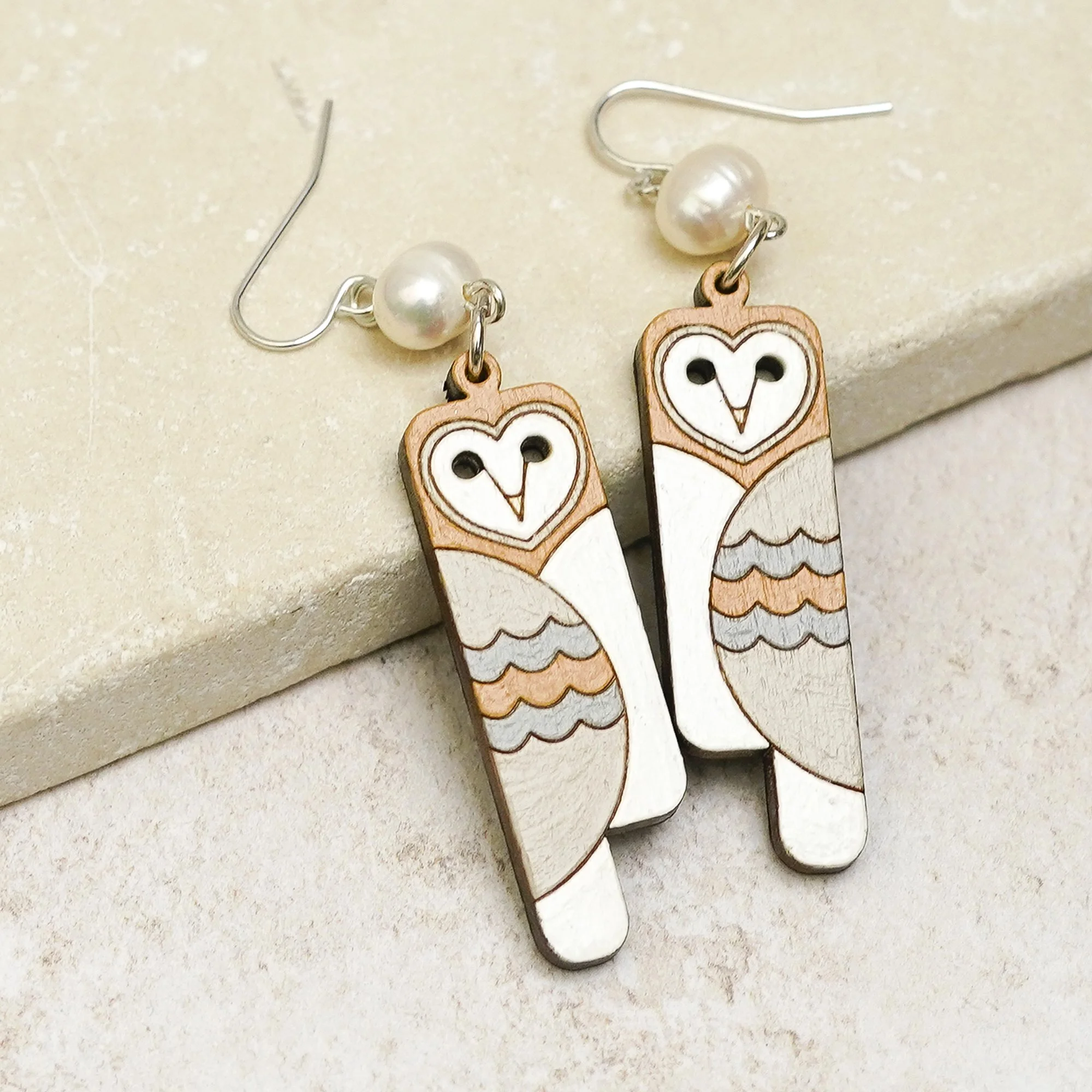 Shark Alley Deco Barn Owl Pearl Earrings 2.jpg