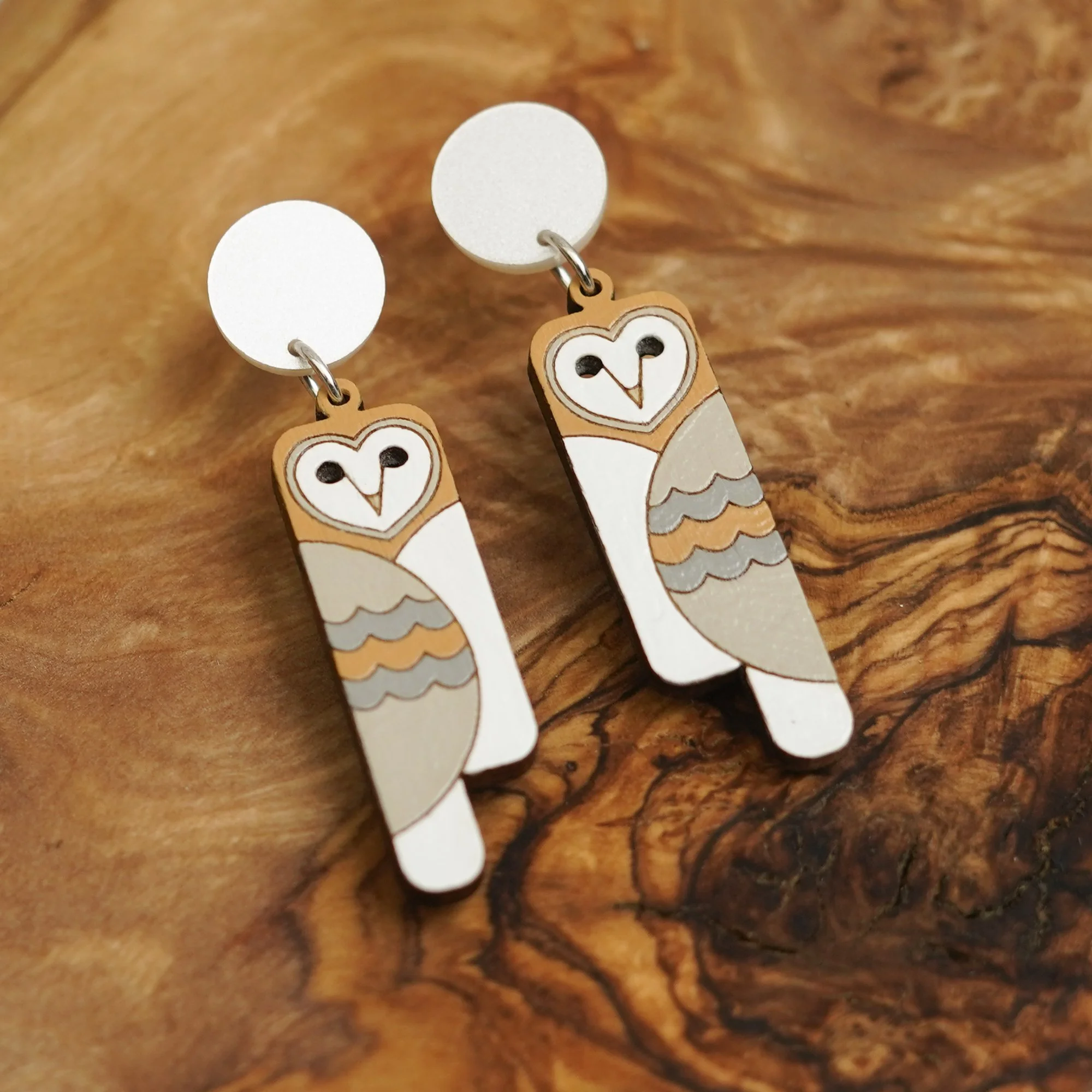 Shark Alley Deco Barn Owl Moon Disc Earrings 1.jpg
