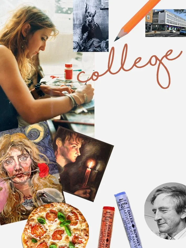 A collage featuring an artist drawing at a workspace, various artworks including a portrait and a painting, a pizza, pencils, and photographs including a woman and an architectural exterior.