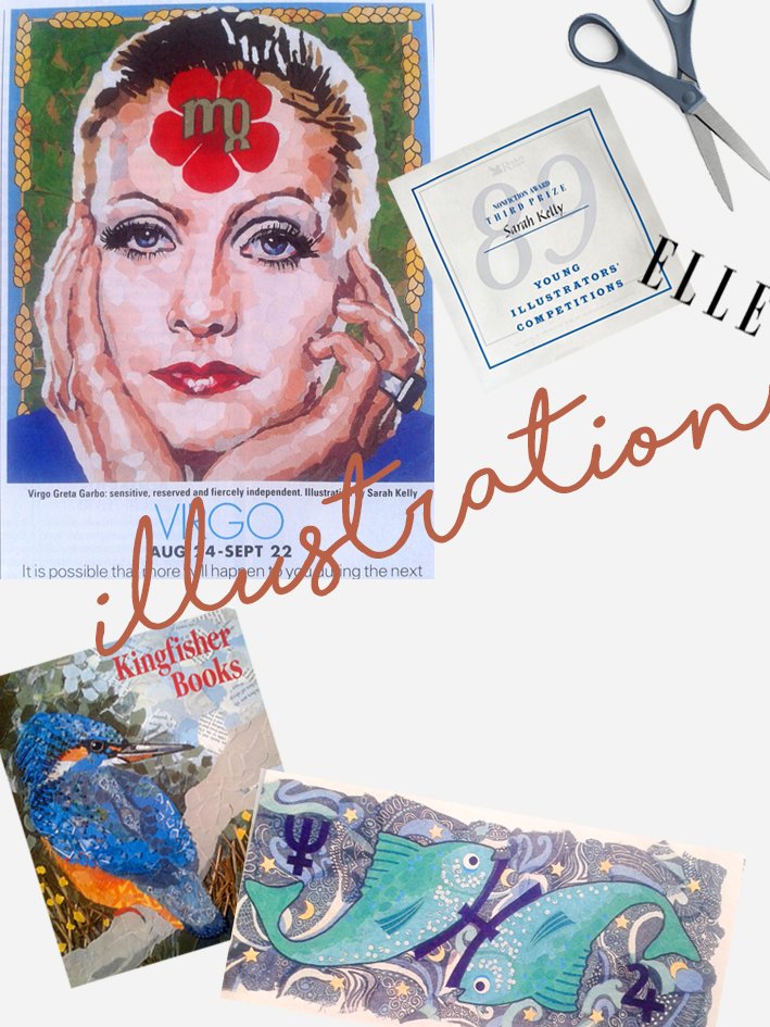 A congratulatory arrangement featuring a portrait of a woman with red flower in her hair, a diploma, a pair of scissors, a Kingfisher Books catalog, and colorful fish and star-themed art.