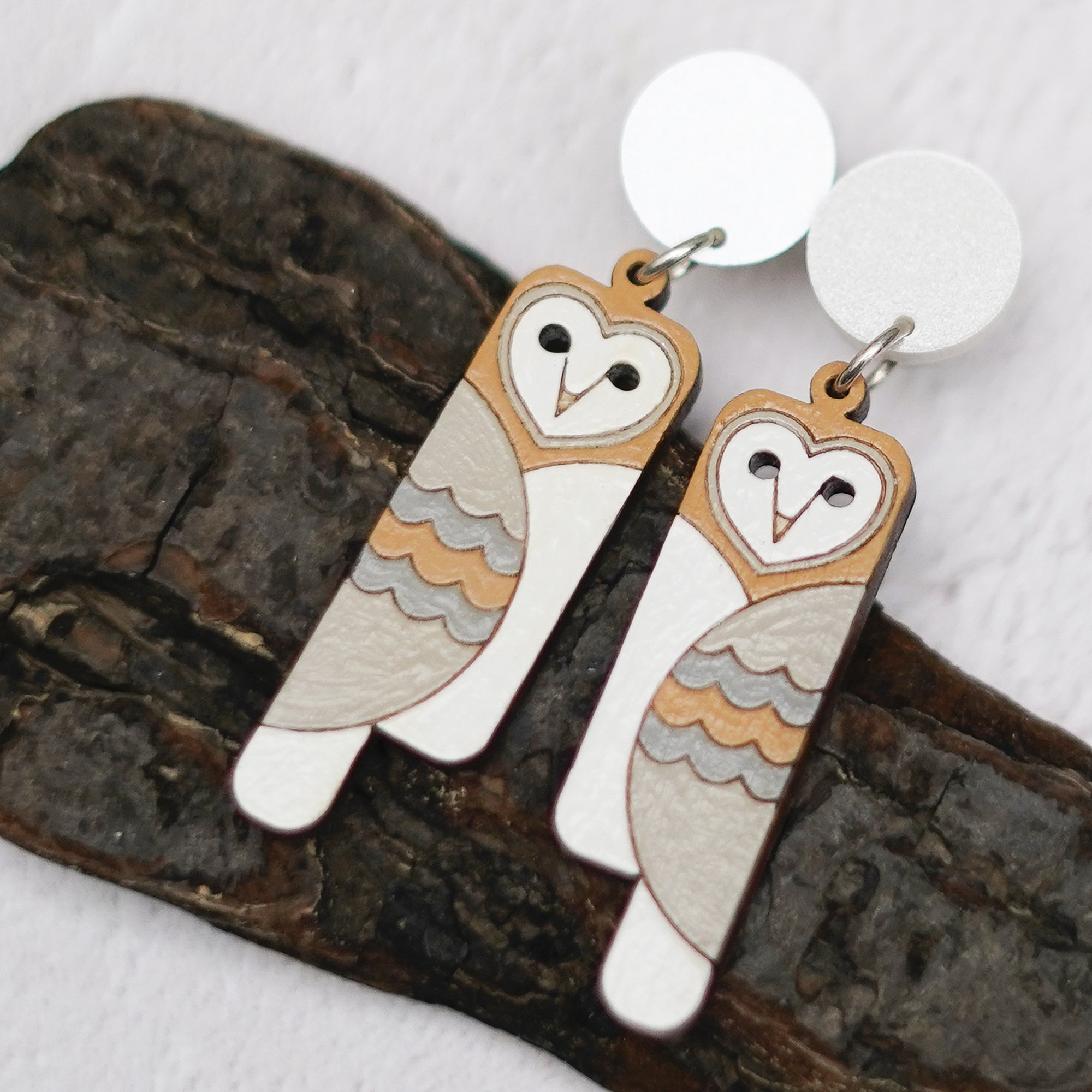 Shark Alley Deco Barn Owl Moon Disc Earrings 2.jpg
