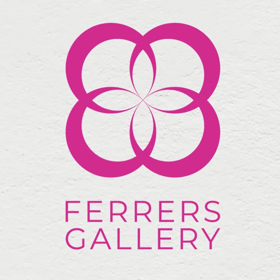 Logo of Ferrers Gallery featuring a pink geometric floral design above the name 'FERRERS GALLERY' written in pink