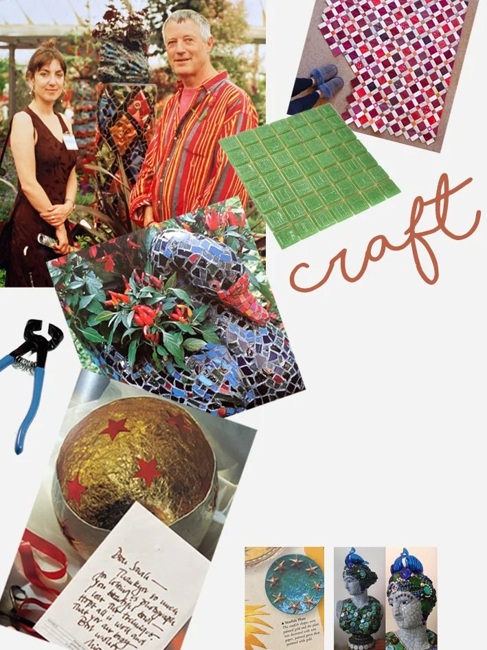 Collage of mosaics, craft supplies, and decorative objects including a couple standing in a greenhouse, mosaic tiles, a small wrench, a decorated globe, a handwritten note, and two mosaic head sculptures.