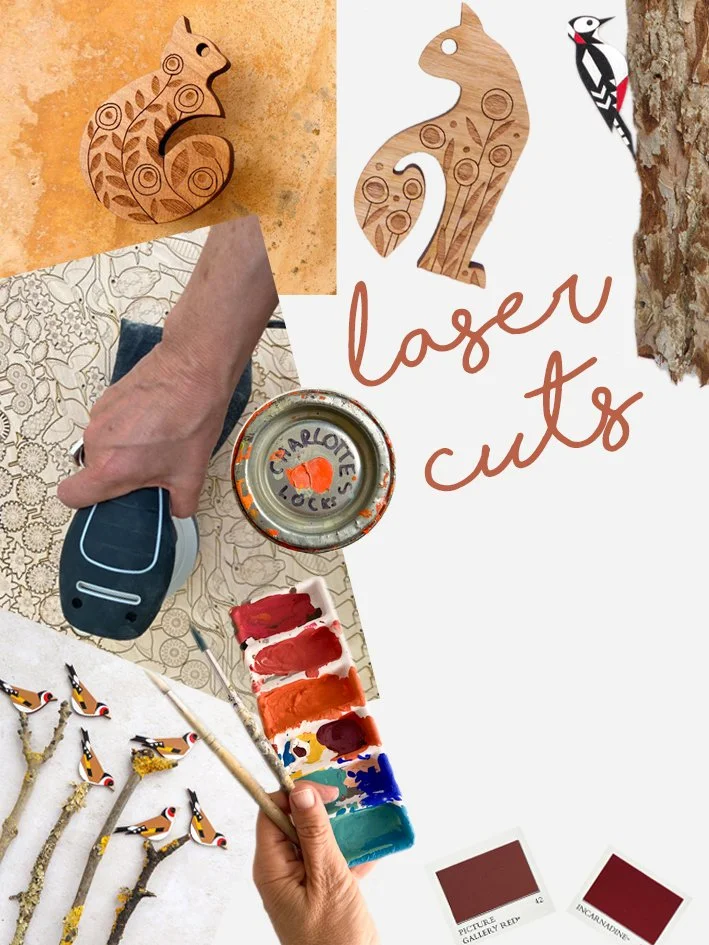 A collage of crafting supplies and art projects including painted and unpainted animal motifs, paint palette, paintbrush, paint cans, a hand holding a tool, a hand with a brush, color swatches, and the words 'laser cuts' and 'Charlotte Locks' written on a lid.