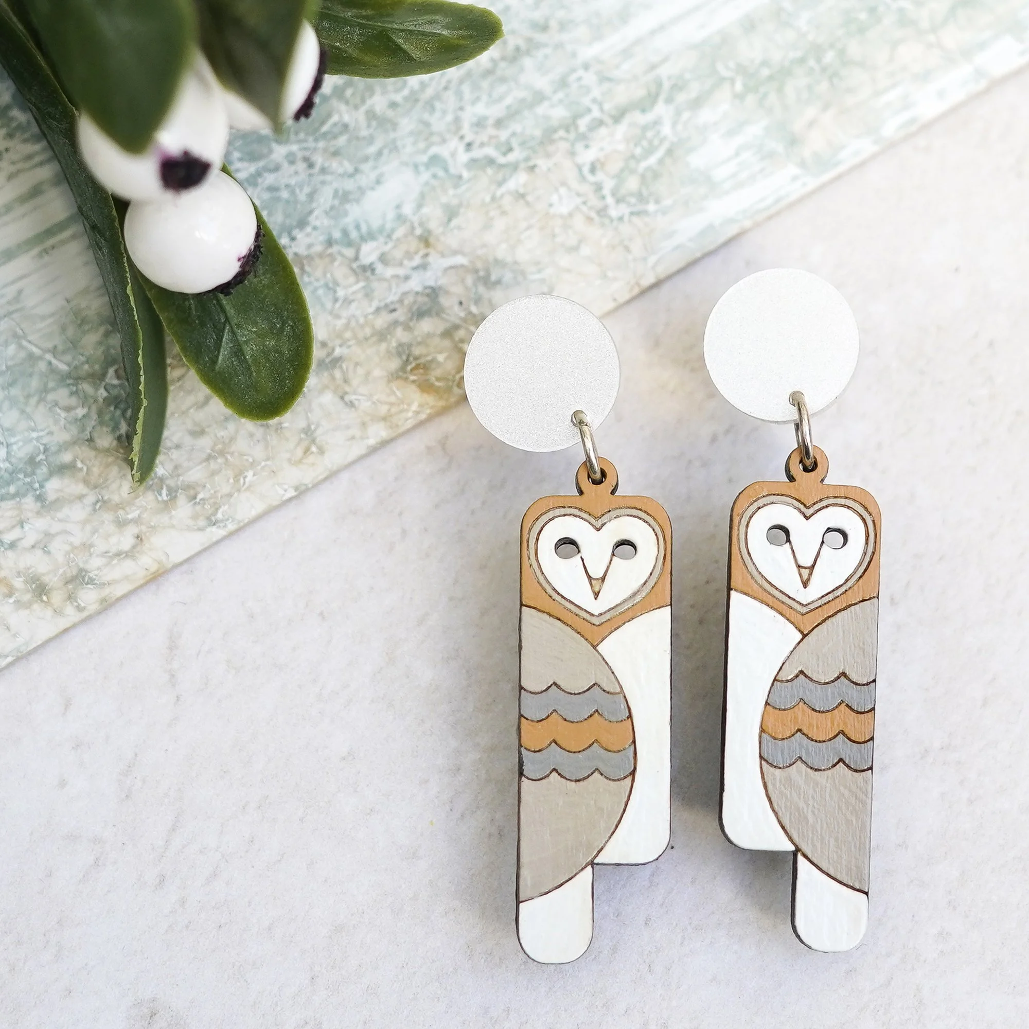 deco barn owl earrings - moon disc