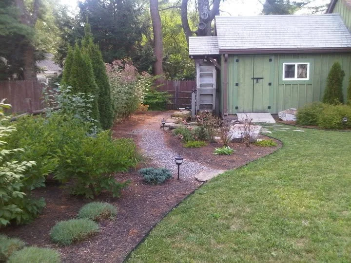 Garden backyard with a green shed, small pathway, and various plants, shrubs, and solar lights.