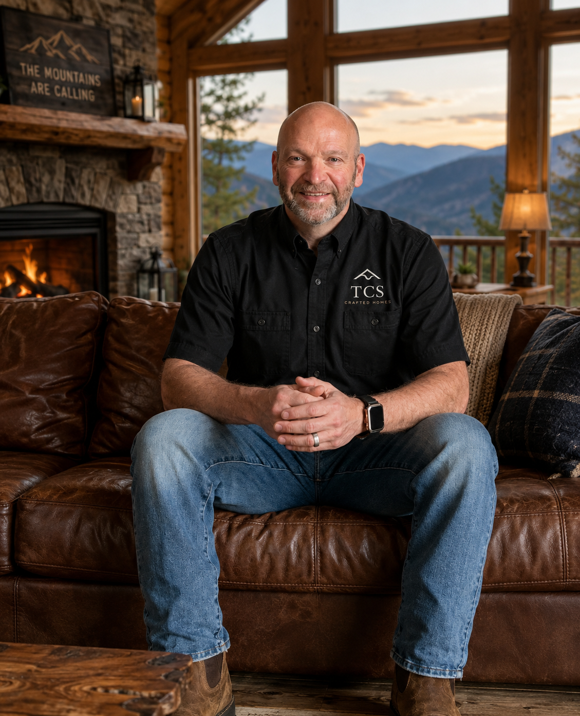 A smiling man sitting on a leather couch inside a log cabin with mountain views outside the window. He is wearing a black shirt with a logo that says TCS Crafted Homes. A fireplace with a sign that says 'The Mountains Are Calling' is in the background.