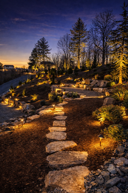 A stone pathway illuminated by small landscape lights, winding through a landscaped yard with trees and bushes at dusk.