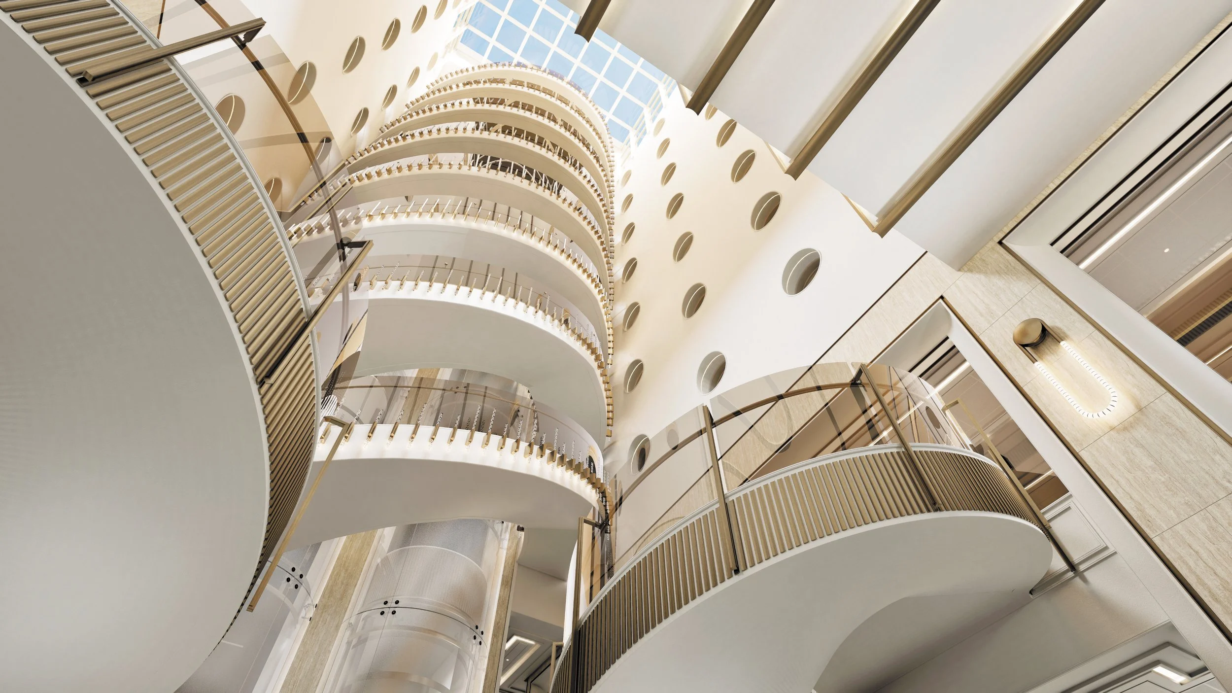Multiple floors of a modern, spiraling glass and beige-colored building interior with curved walls, wooden railings, and circular decorative elements.