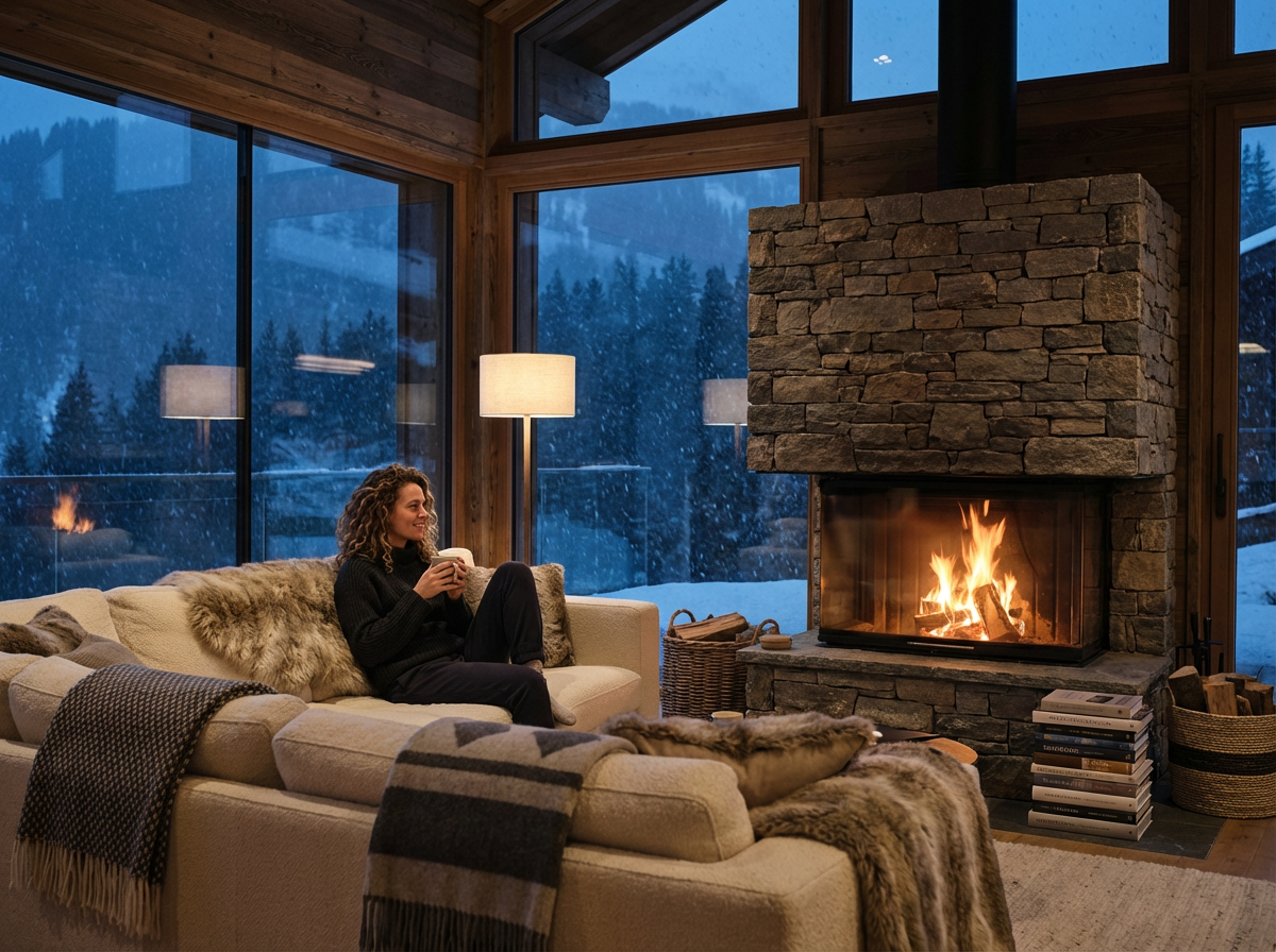 A woman sitting on a cozy beige sofa in a wooden cabin living room, holding a cup and looking out the window at a snowy mountain landscape, with a warm fire burning in a stone fireplace.