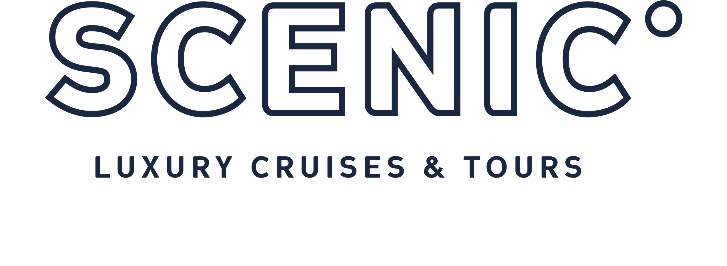 Logo for Scenic, a company offering luxury cruises and tours, featuring the word 'SCENIC' in large outline text and 'LUXURY CRUISES & TOURS' in smaller filled text below.