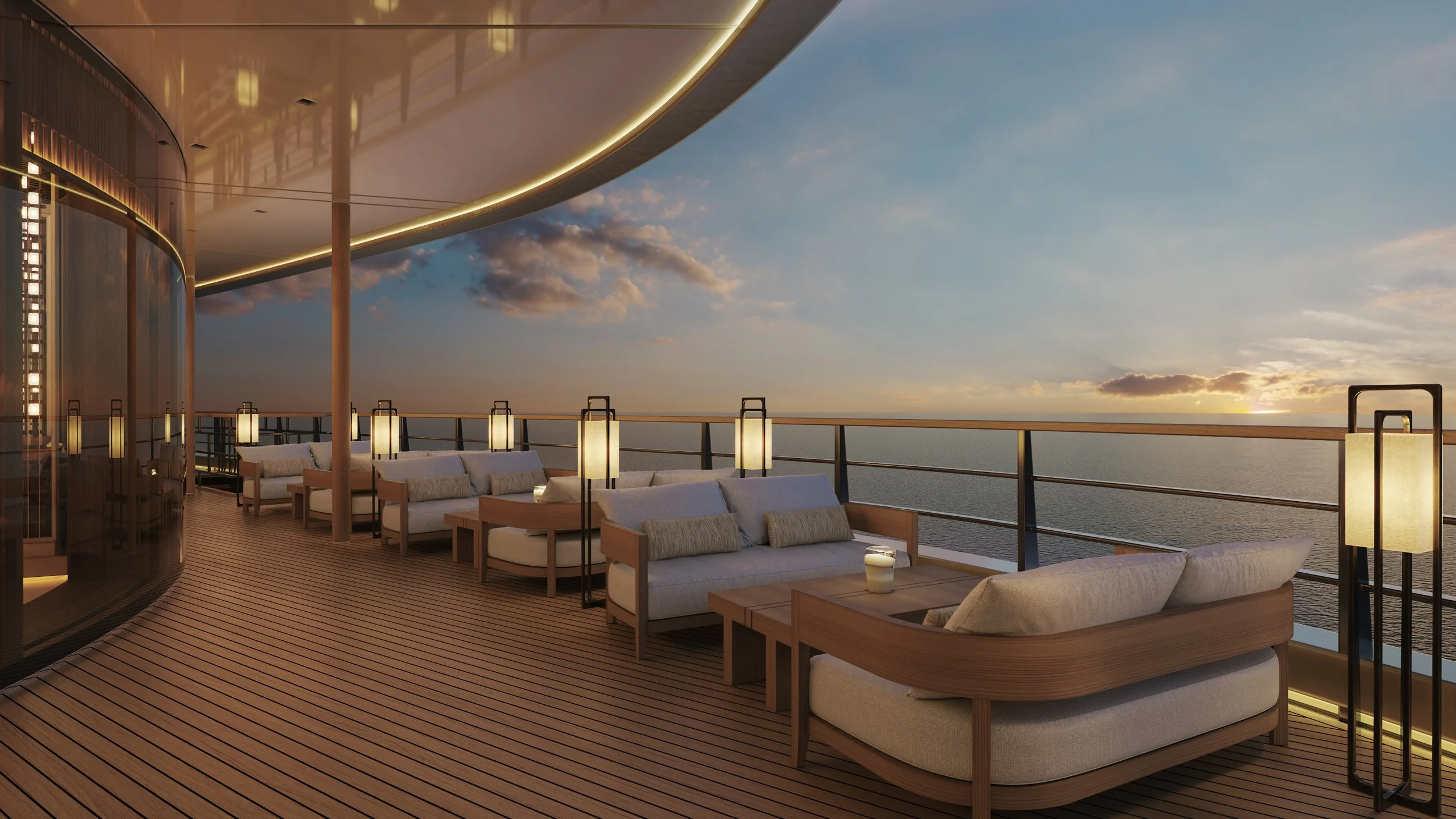 Luxury outdoor lounge on a ship's deck overlooking the ocean at sunset, with modern furniture and ambient lighting.