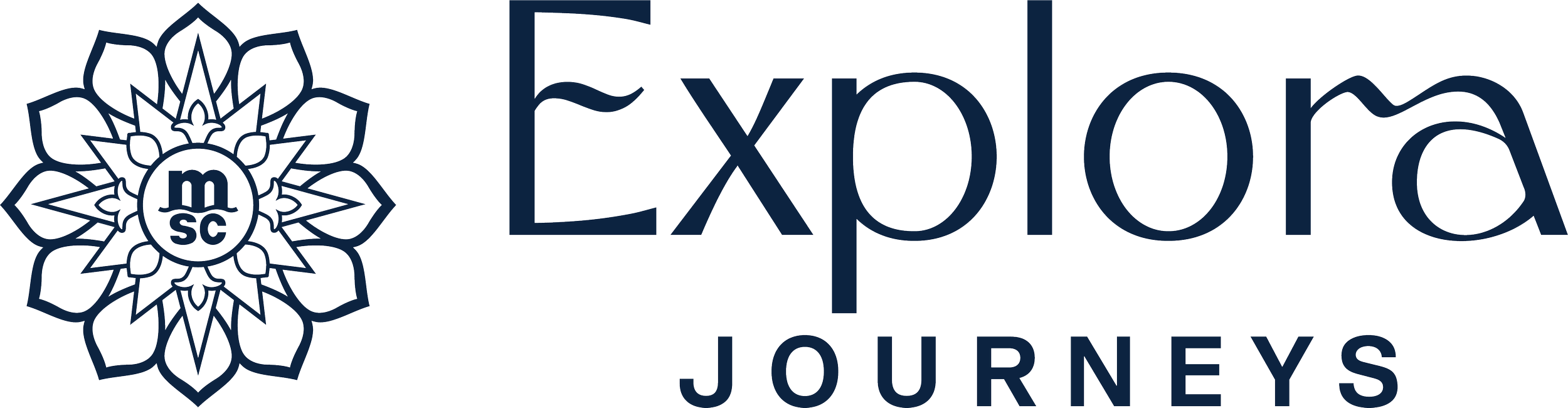 Logo for 'Explora Journeys' featuring a stylized flower with the initials 'MSC' in the center.