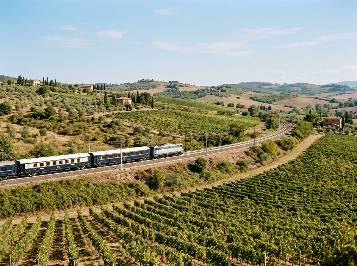 A scenic landscape of rolling hills with vineyards, small houses, and trees, with a train traveling on a railway track through the countryside.