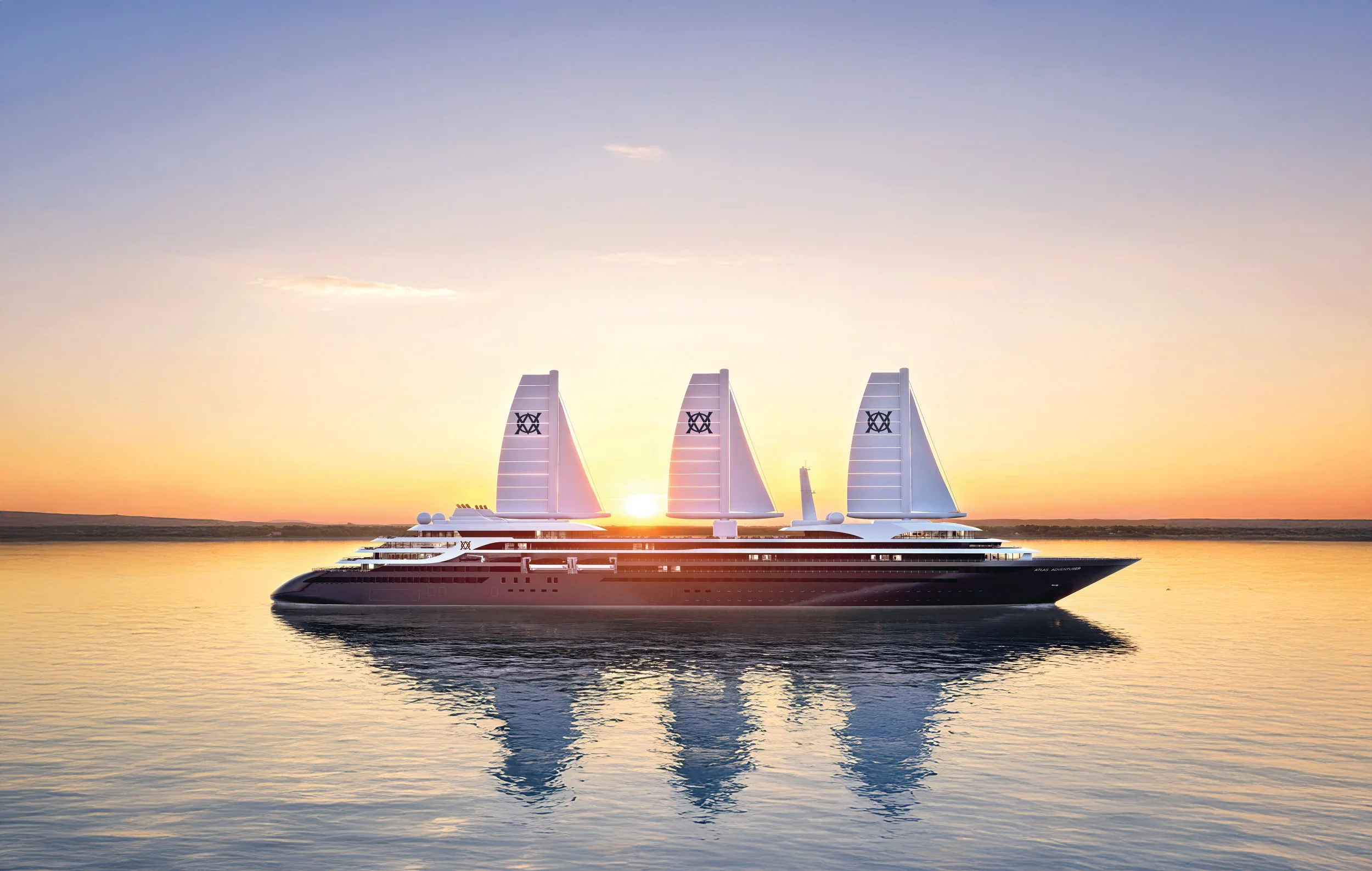 Luxury yacht called Atlas Adventure sailing on calm water during sunset with a clear sky and minimal clouds.