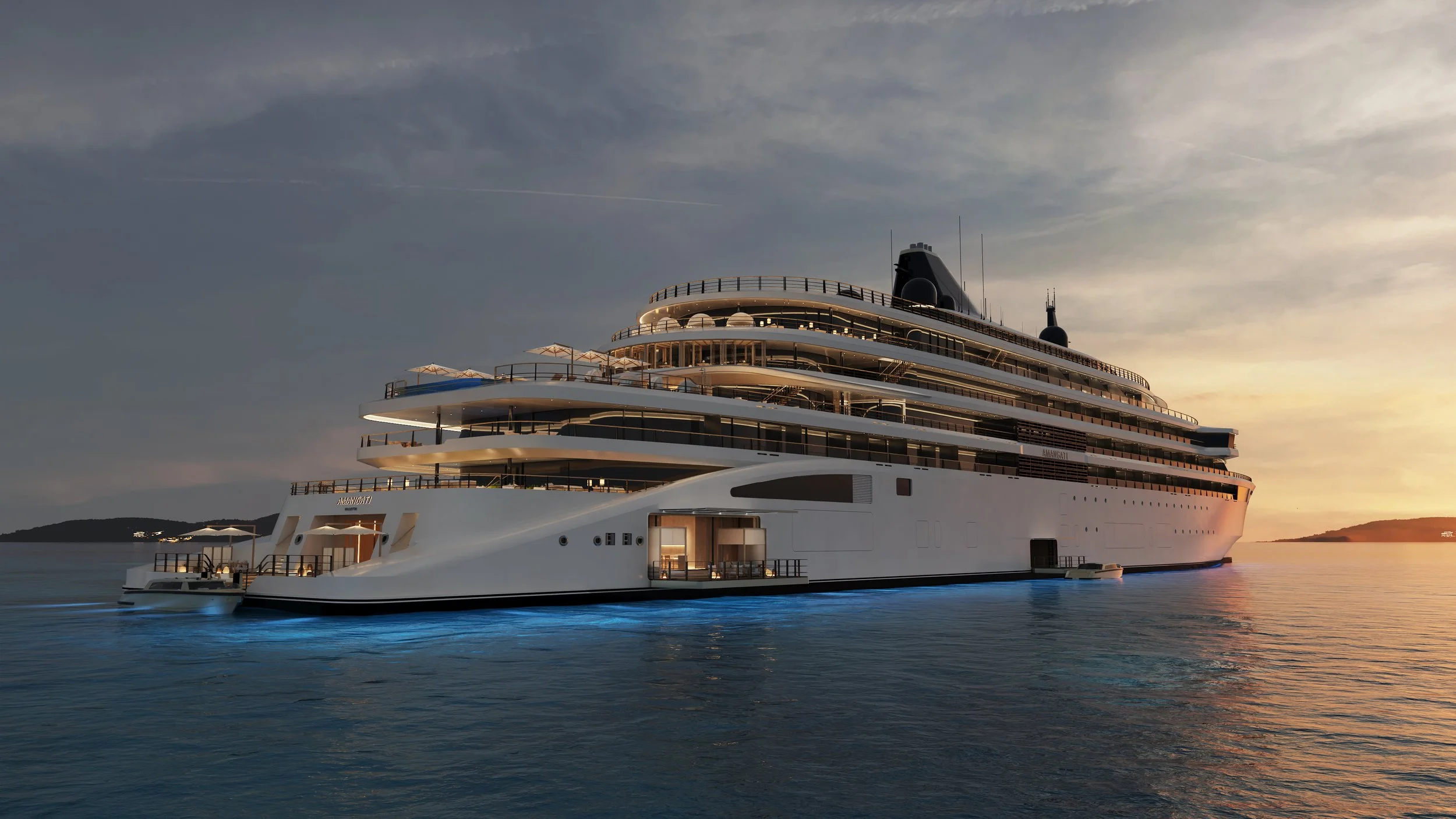 Luxury cruise ship sailing at sunset with illuminated decks and a small boat nearby