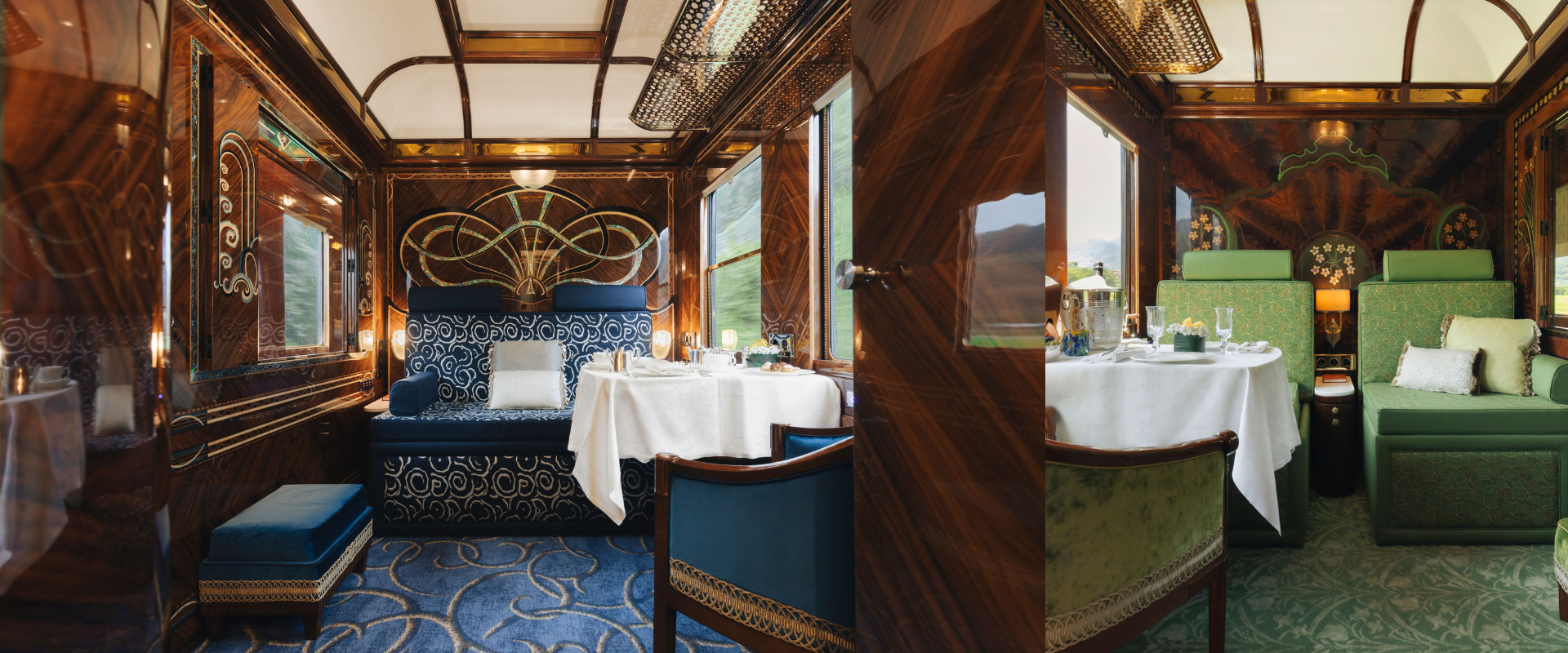 Interior of a luxurious train dining car with polished wood paneling, ornate decor, and tables set for a meal, featuring green and blue seating areas, large windows, and elaborate decorative elements.