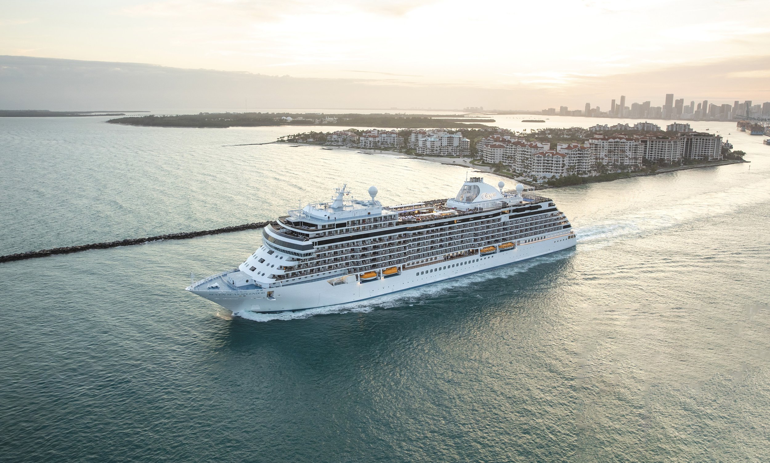 A large white cruise ship sailing through a body of water near a city skyline during sunset.