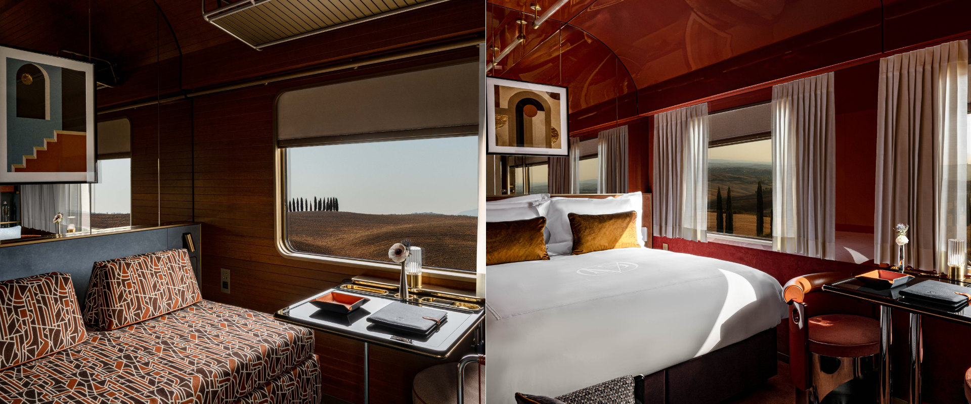 Split-screen image of two hotel rooms with landscape views. The left side features a room with a patterned sofa, a table with a small flower vase, and a large window overlooking rolling hills. The right side shows a bedroom with white bedding, gold pillows, and multiple windows with curtains, also offering a landscape view.