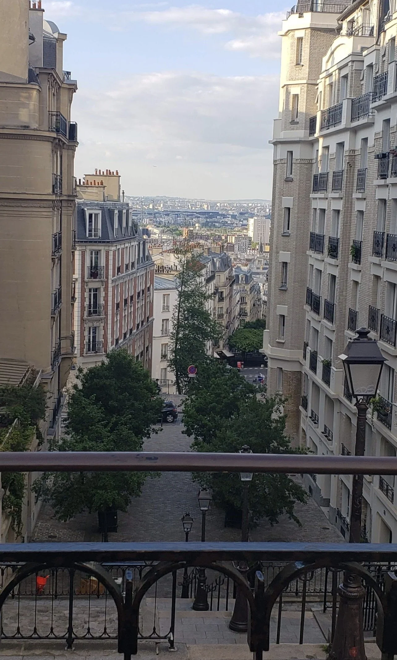 View from a balcony showing a European city street with cobblestone pavement, green trees, lamp posts, and multi-story buildings with French-style architecture, balconies, and mansard roofs. The horizon shows a distant cityscape and cloudy sky.