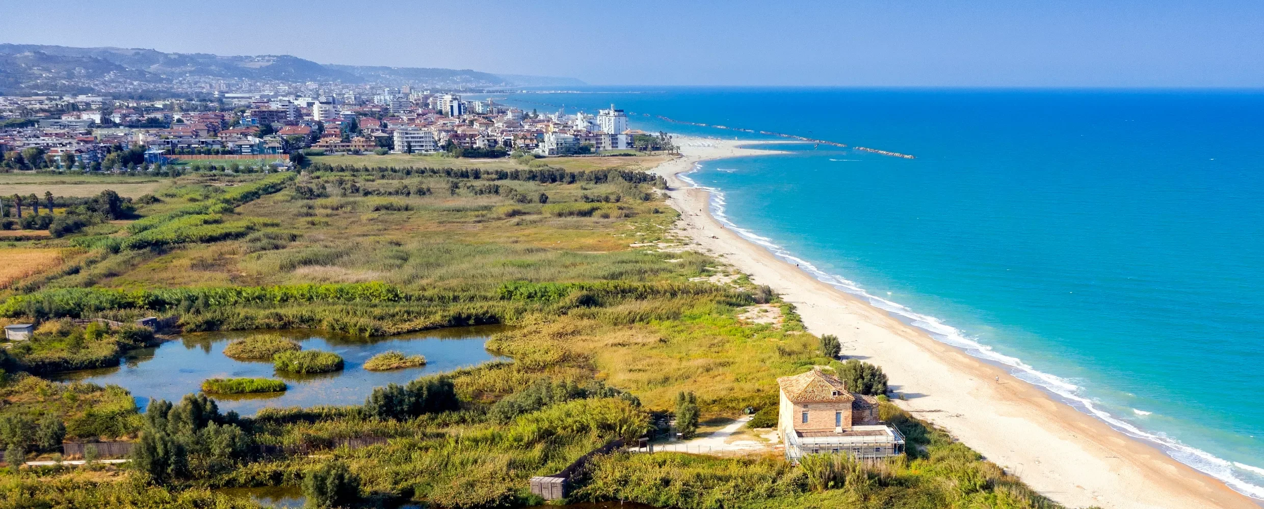 Aerial view of a coastal city with a beach, ocean, residential areas, and wetlands.
