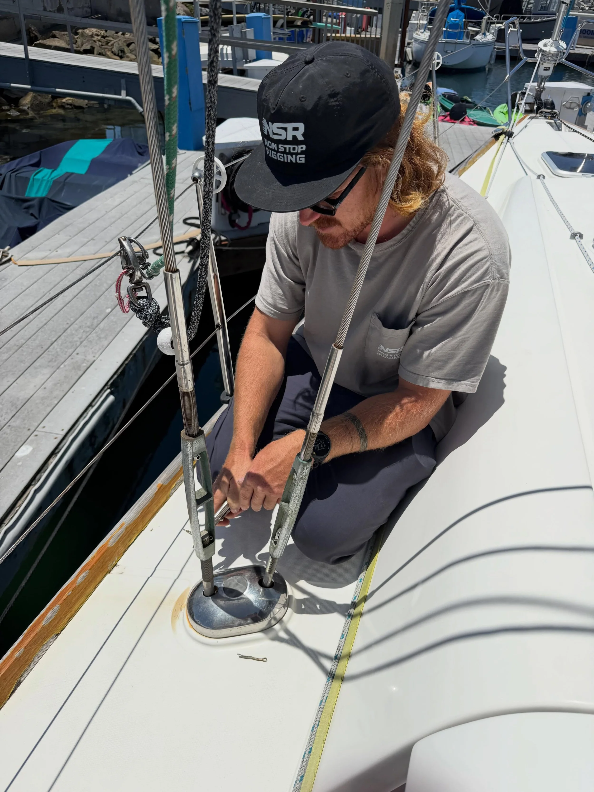 Getting after a synthetic rig conversion with Elliott of @nonstoprigging. 
Stay tuned for more...lots going on to get this boat ready for singlehanded coastal and crewed ocean racing. A team of experts is forming to turn this customer's dreams into r