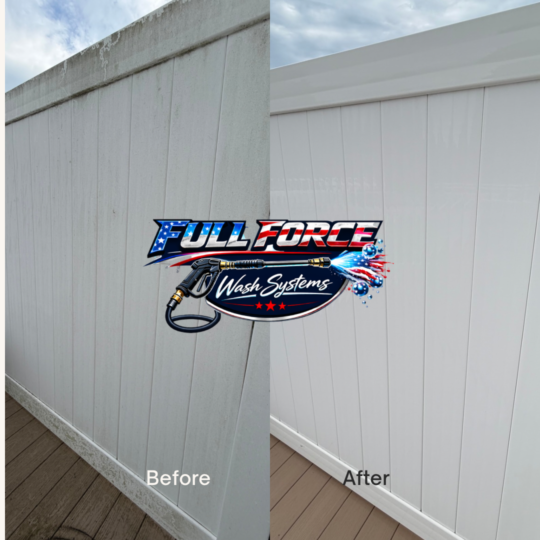 Comparison of a dirty, stained white fence before cleaning on the left and a clean, bright white fence after cleaning on the right, with the Full Force Wash Systems logo in the center.