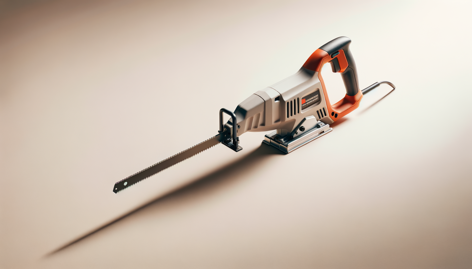 A handheld electric hacksaw with a black and orange handle, placed on a light-colored surface.