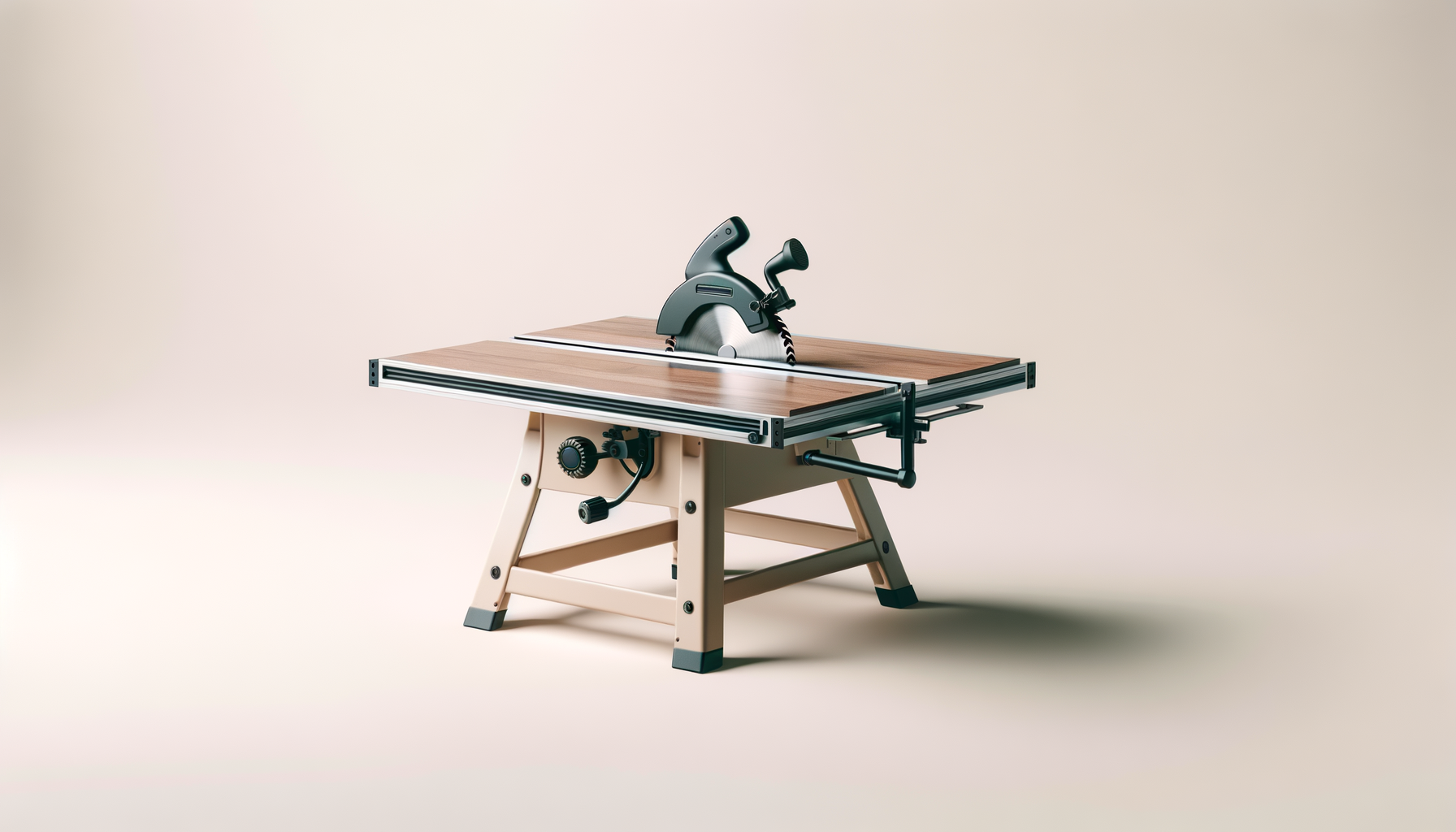 A modern table saw with a wooden surface and black controls, positioned on a beige stand against a plain light background.