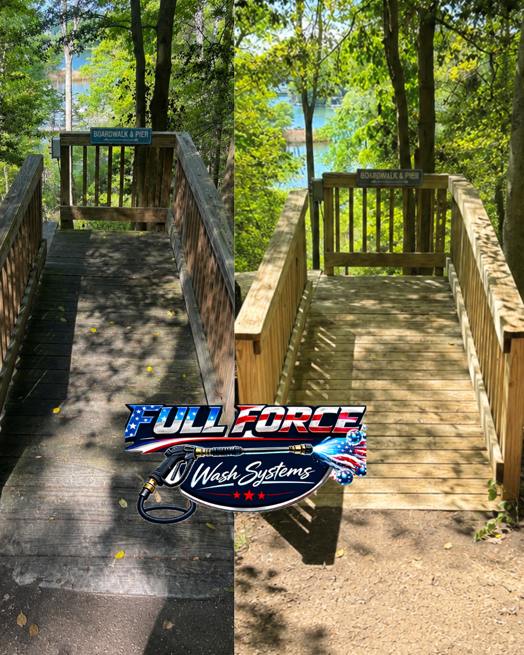Comparison of two wooden boardwalks leading to a pier overlooking a body of water, surrounded by trees, with the Full Force Wash Systems logo at the bottom.