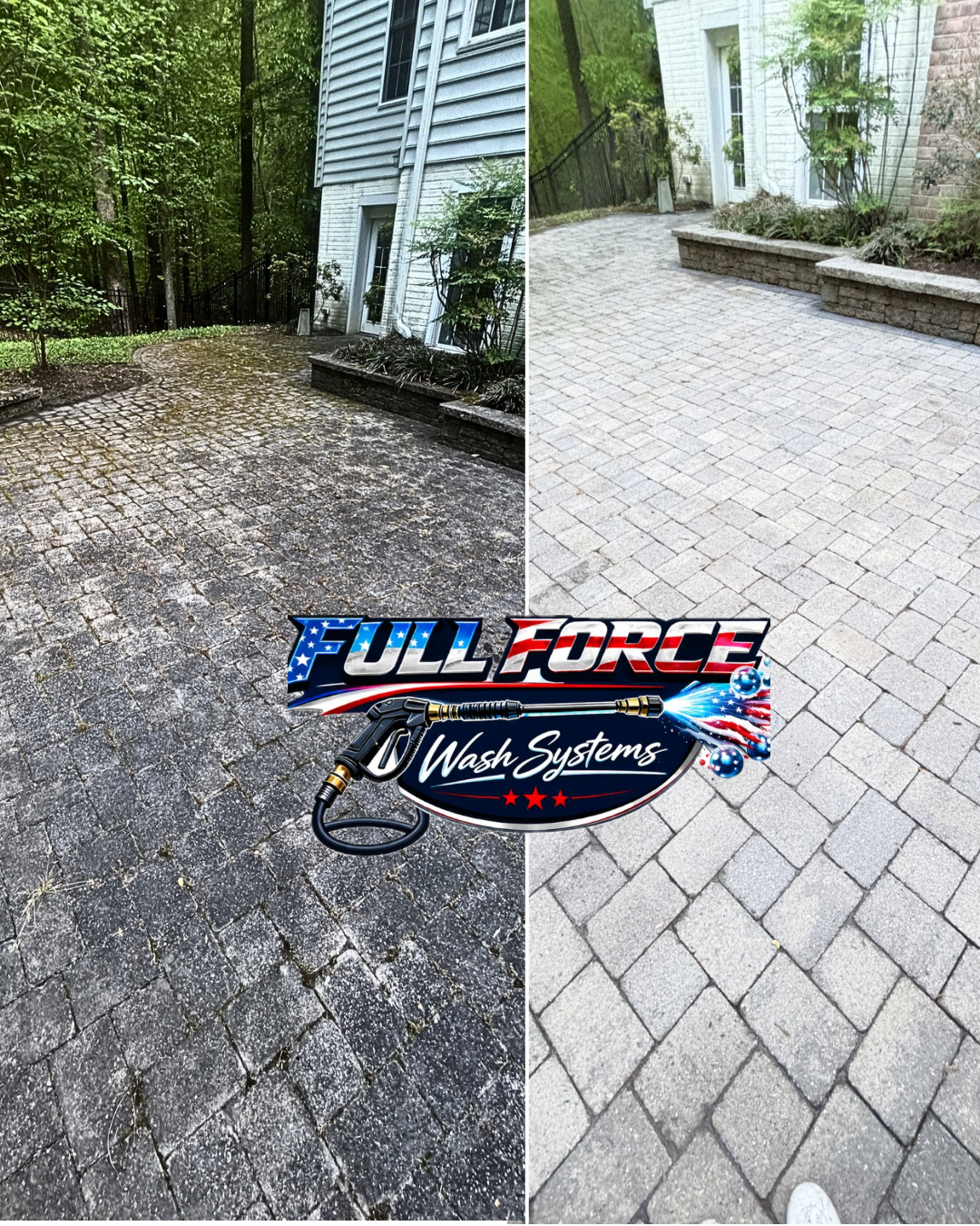 Side-by-side comparison of two paved outdoor areas. The left side shows a dark, weathered brick or cobblestone surface with moss or mold, surrounded by trees. The right side features a light-colored, clean, and uniform brick paver surface near a buil