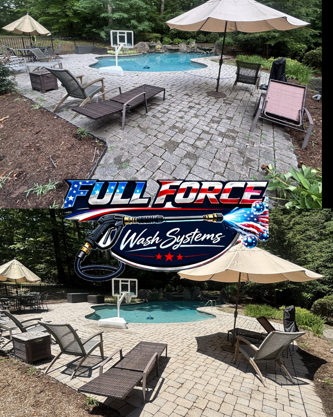 Backyard pool area with patio furniture, shaded umbrellas, and a basketball hoop, surrounded by trees. Before and after images showing a cleaning or renovation process by Full Force Wash Systems.