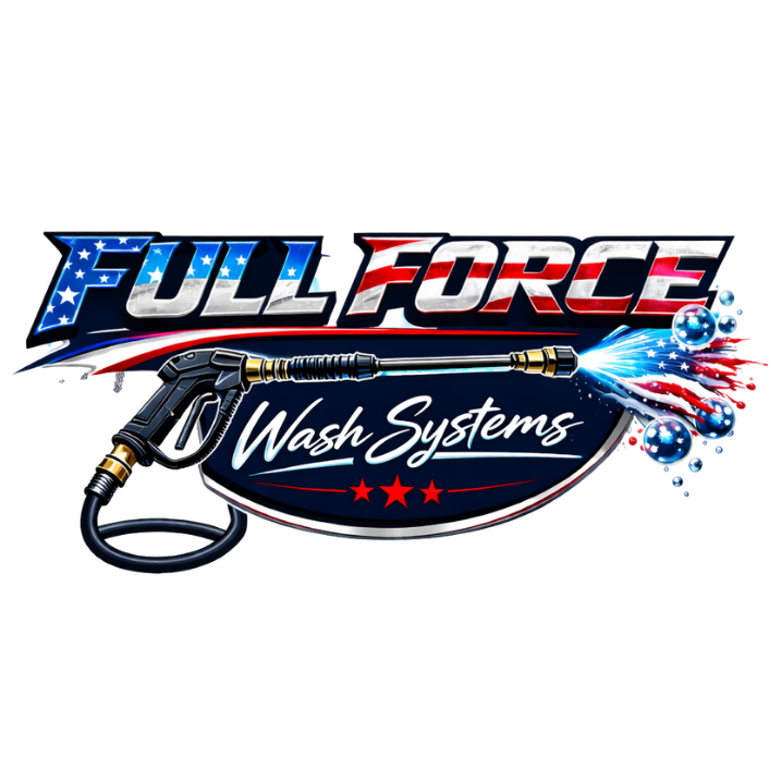 Logo for Full Force Wash Systems featuring a power washer with water spray and American flag colors.