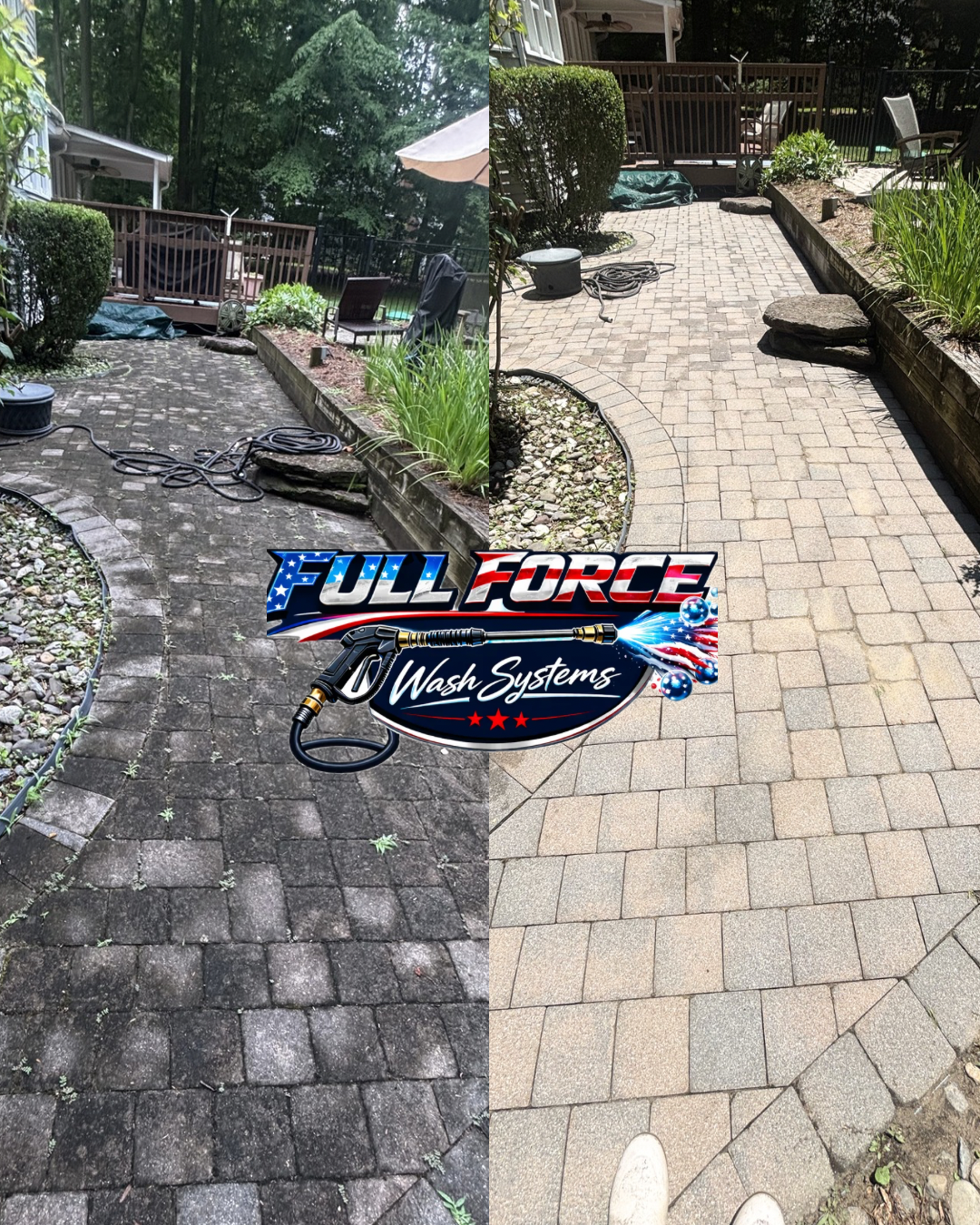Comparison of a weathered, dirty brick patio before cleaning on the left and a clean, restored brick patio after power washing on the right, with a Full Force Wash Systems logo overlay.