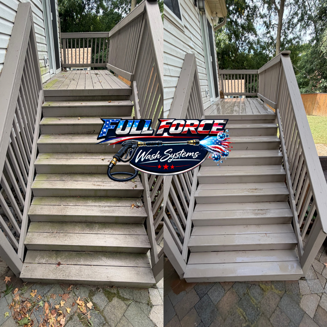 Comparison of an outdoor wooden staircase before and after cleaning, with watermarks from 'Full Force Wash Systems' advertising their cleaning services.