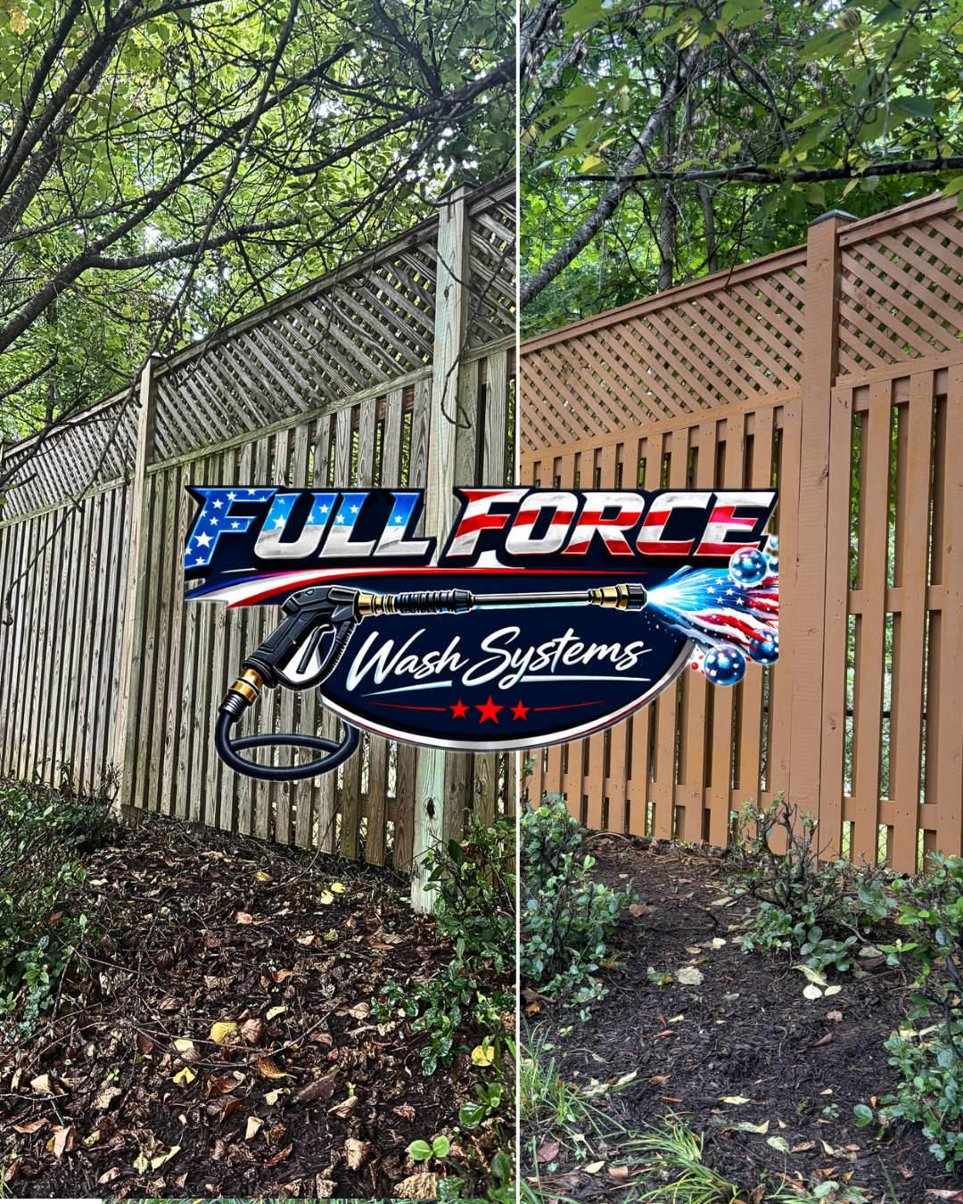 Comparison of two fences in a backyard, with a logo overlay in the center reading "Full Force Wash Systems" featuring a spray gun and American flag design.