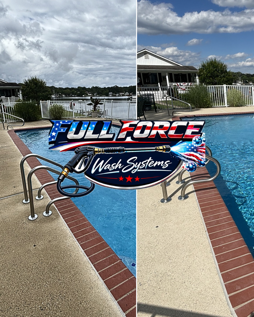A split-screen photo of a swimming pool area with a company logo in the foreground. The left side shows an overcast sky, pool with steel handrails, and surrounding patio, overlooking a body of water and houses. The right side shows a sunny sky, the s