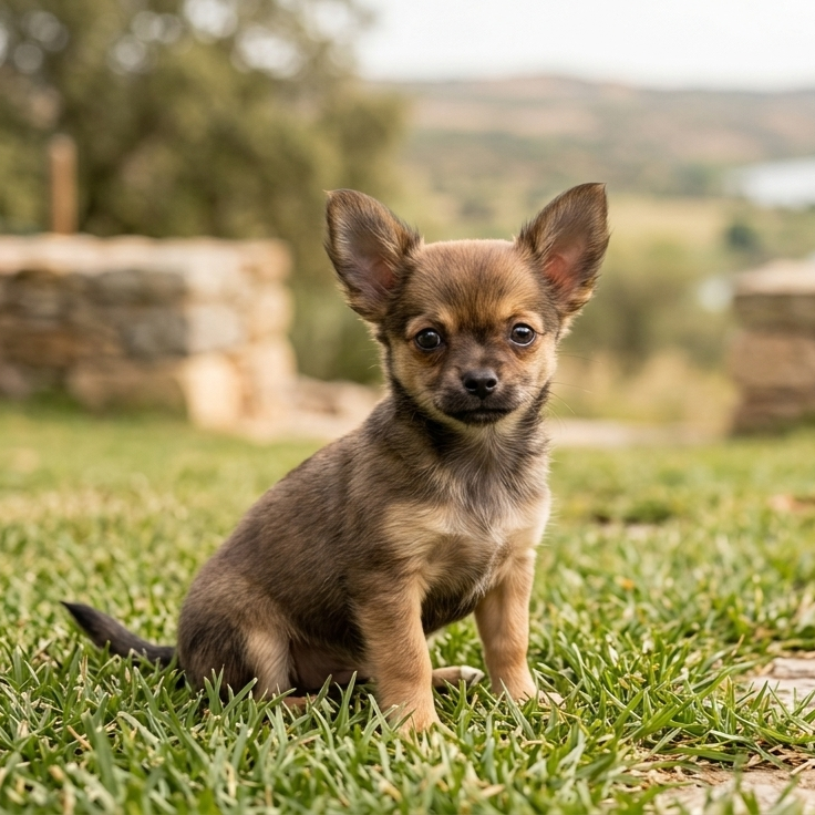 Un cachorro pequeño de color marrón sentado en pasto en un jardín con árboles y colinas en el fondo.