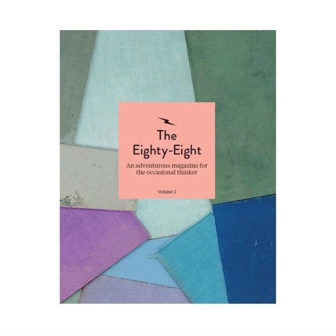 Cover of a magazine titled 'The Eighty-Eight', with a pink rectangle containing the title and subtitle, surrounded by colorful fabric samples in pastel green, blue, purple, and beige.