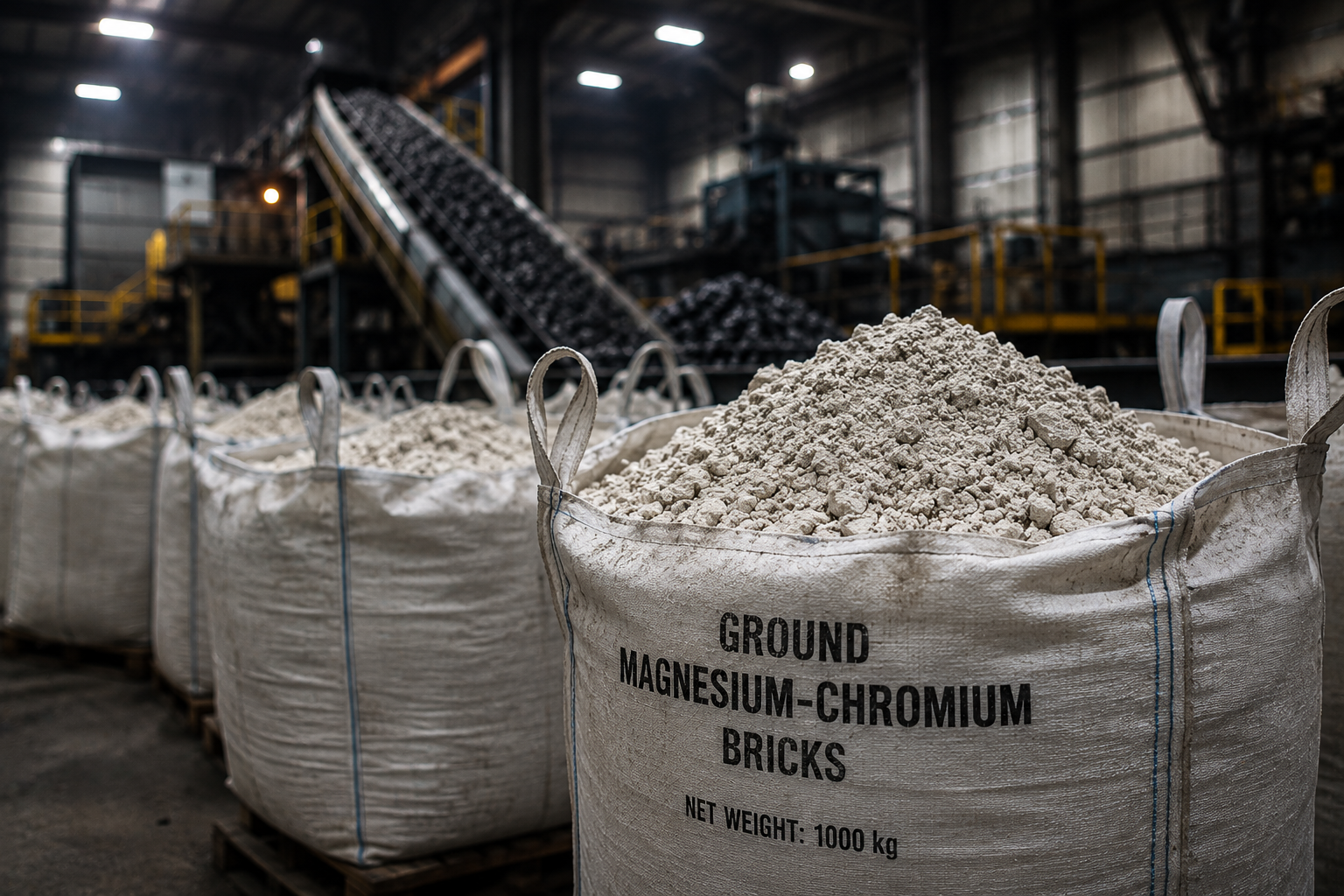 Ground Magnesium-Chromium bricks for casting ladle protection.