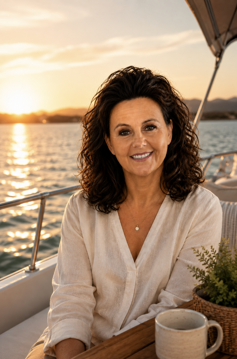 A woman with curly brown hair smiling while sitting on a boat at sunset, with water and mountains in the background. She is wearing a light-colored blouse and a gold necklace.