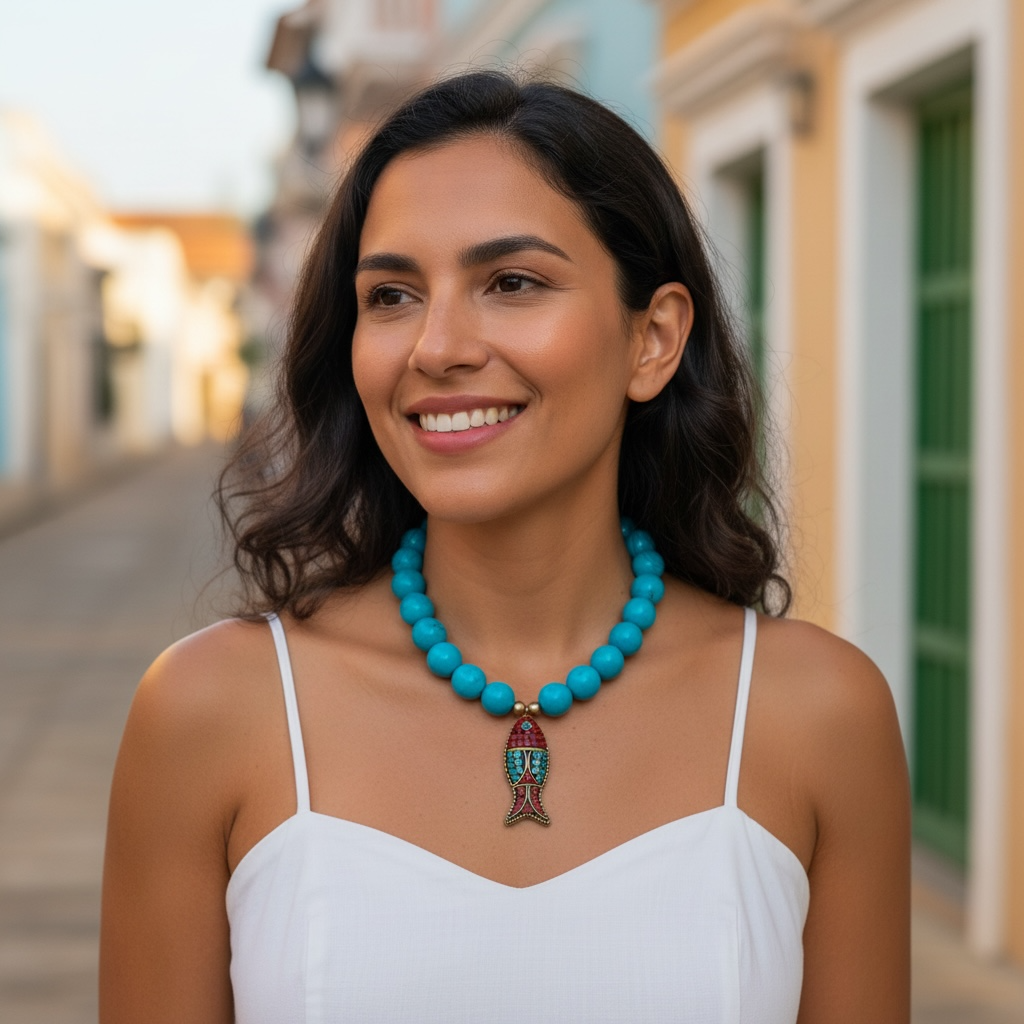 Turquoise Chunky Necklace with Fish Pendant