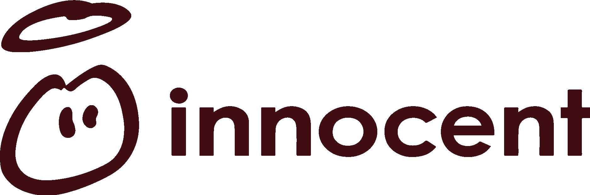 The word 'innocent' written in dark red lowercase letters next to a simple drawing of a pig's face with a halo above it.