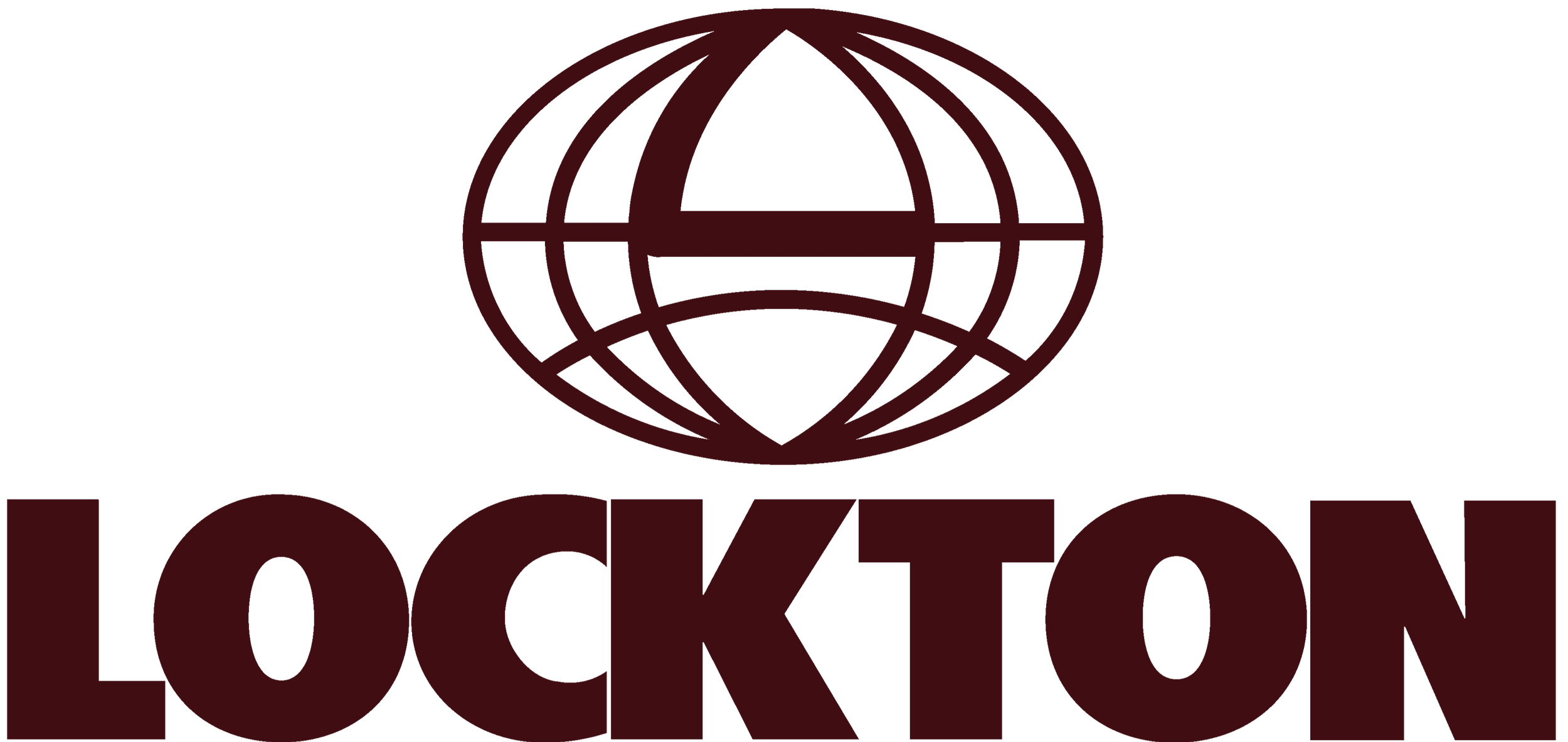 Logo with a globe design made of intersecting lines above the word 'Lockton' in maroon color.
